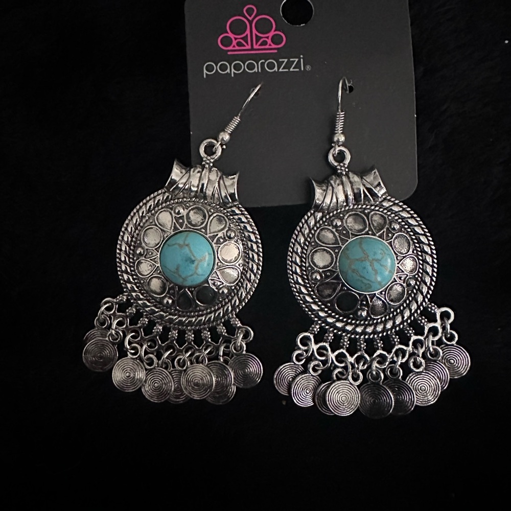 Paparazzi Silver and Blue Dangle Earrings with Intricate Design